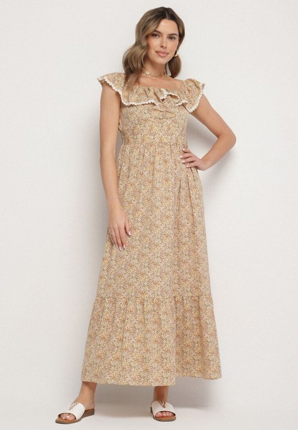 Born2be - Żółta Sukienka Ozdobiona Falbankami Folirae. Okazja: na spacer, na co dzień. Typ kołnierza: kołnierz z falbankami. Kolor: żółty. Wzór: aplikacja. Sezon: lato. Typ sukienki: sportowe. Styl: casual, sportowy