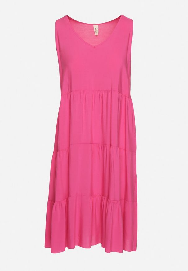 Born2be - Fuksjowa Rozkloszowana Sukienka z Bawełny na Ramiączkach Zasea. Okazja: na co dzień, na randkę. Typ kołnierza: dekolt w kształcie V. Kolor: różowy. Materiał: bawełna. Długość rękawa: na ramiączkach. Styl: casual, elegancki