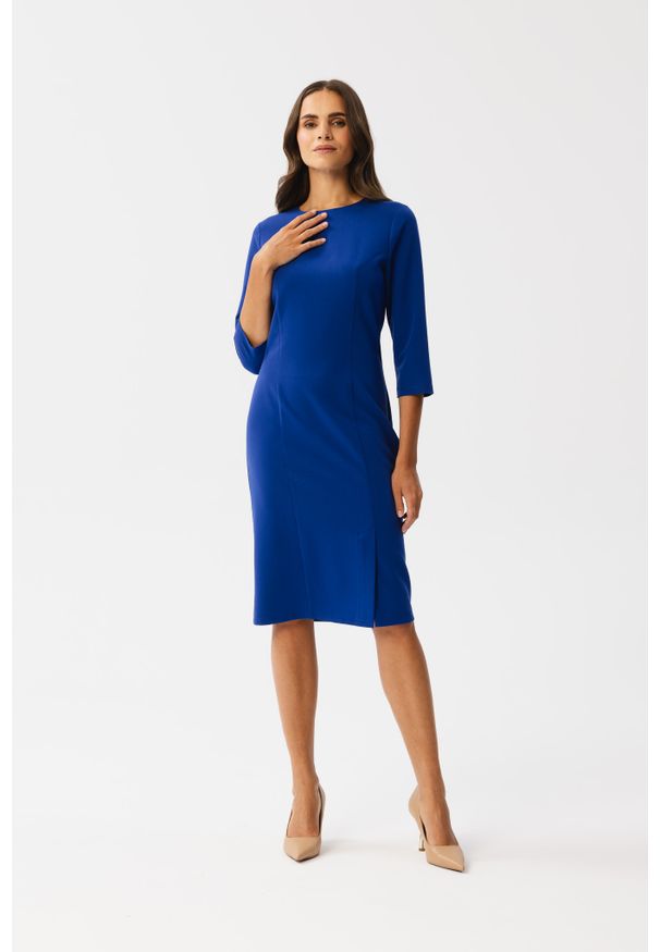 MOE - Chabrowa Ołówkowa Sukienka z Rozcięciem. Kolor: niebieski. Materiał: poliester, elastan, wiskoza. Typ sukienki: ołówkowe