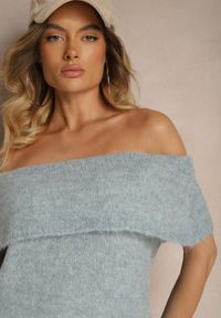 Renee - Niebieski Sweter Top z Hiszpańskim Wywijanym Dekoltem z Wełną Inarose. Kolor: niebieski. Materiał: wełna #5