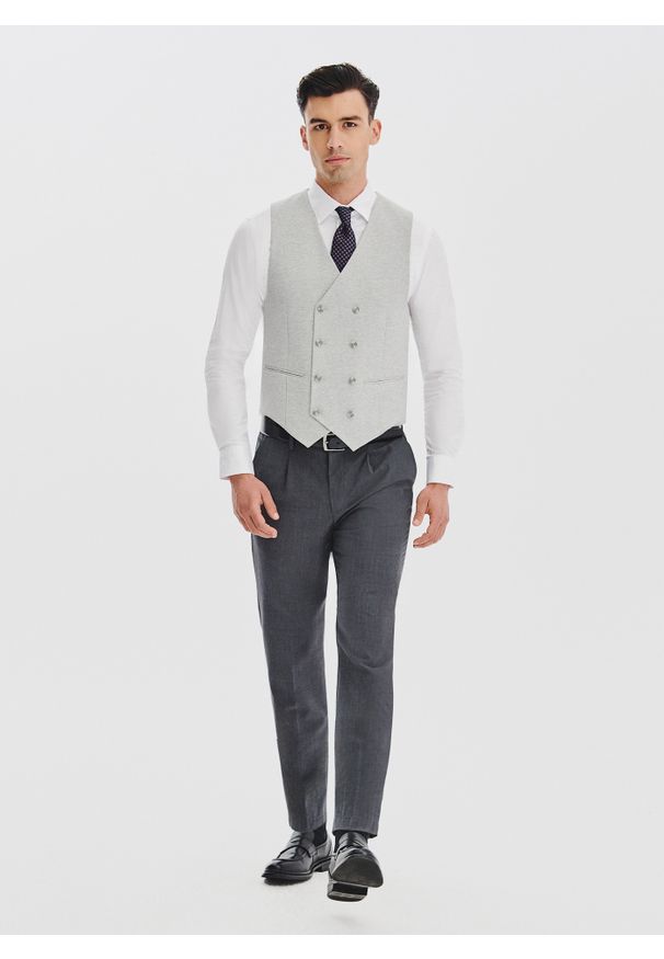 Pako Lorente - PAKO LORENTE - Dwurzędowa kamizelka męska w drobną kratę. Materiał: poliester, elastan, poliamid, dzianina, wiskoza. Styl: młodzieżowy, elegancki