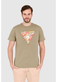 Guess - GUESS Zielony męski t-shirt bawełniany slim fit, Rozmiar XL. Kolor: zielony. Materiał: bawełna. Wzór: aplikacja