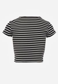 Renee - Czarny Crop Top Bawełny z Prążkowanej Dzianiny w Paski Ozdobiony Wycięciem Ionilla. Okazja: na co dzień. Kolor: czarny. Materiał: bawełna, prążkowany, dzianina. Wzór: aplikacja, paski. Styl: casual #5