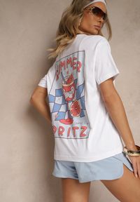 Renee - Biało-Niebieski T-shirt Oversize z Bawełny Ozdobiony Nadrukiem Filiora. Okazja: na co dzień. Kolor: biały. Materiał: bawełna. Wzór: aplikacja, nadruk. Styl: casual #3