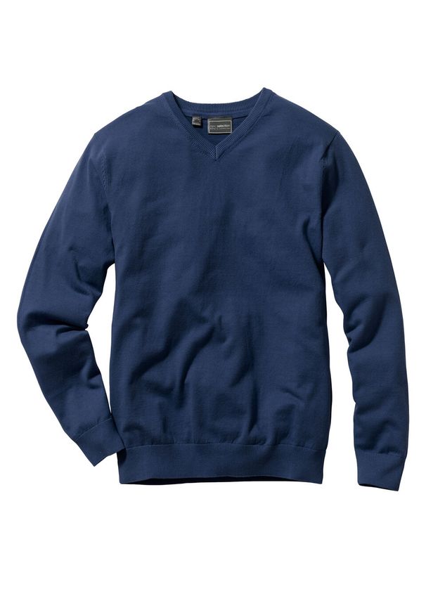 Sweter z dekoltem w serek bonprix ciemnoniebieski. Typ kołnierza: dekolt w serek. Kolor: niebieski. Materiał: dzianina. Wzór: ze splotem, gładki. Styl: klasyczny