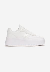 Renee - Białe Sznurowane Sneakersy na Grubej Podeszwie Salsabil. Kolor: biały. Materiał: materiał. Wzór: aplikacja. Obcas: na platformie