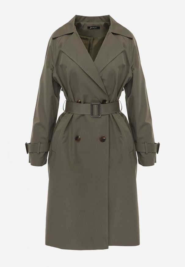 Renee - Zielony Dwurzędowy Płaszcz Trencz z Paskiem Ninnolia. Okazja: do pracy, na spacer. Kolor: zielony. Materiał: jeans. Wzór: aplikacja. Styl: klasyczny, elegancki