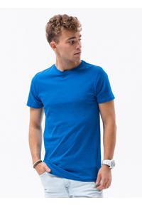 Ombre Clothing - T-shirt męski bawełniany BASIC - niebieski S1224 - XXL. Kolor: niebieski. Materiał: bawełna. Styl: klasyczny