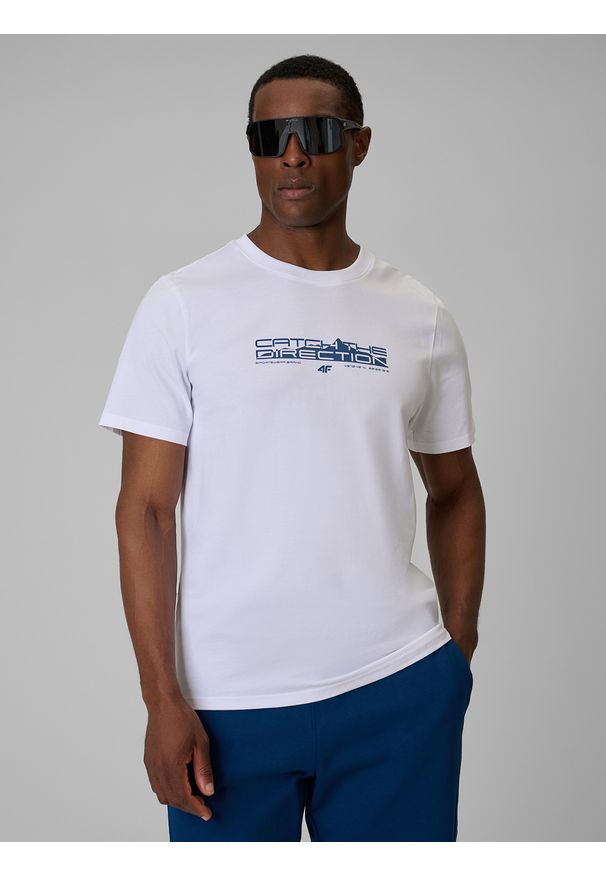 4f - 4F T-shirt regular z nadrukiem męski - biały L. Okazja: na co dzień. Kolor: biały. Materiał: dzianina, bawełna. Wzór: nadruk. Styl: casual