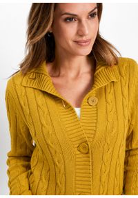 Długi sweter rozpinany bonprix żółty musztardowy. Kolor: brązowy. Długość: długie #3