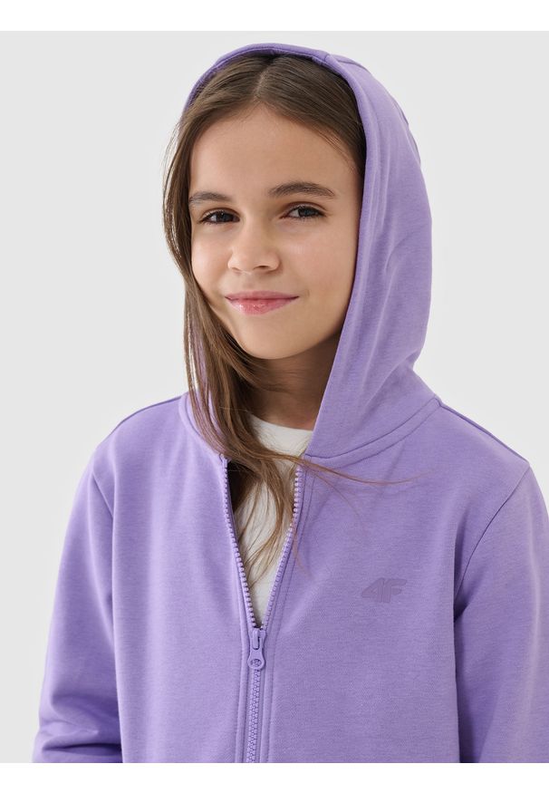 4f - 4F Bluza dresowa rozpinana z kapturem dziewczęca - fioletowa 146 (10-11 lat). Okazja: na co dzień. Typ kołnierza: kaptur. Kolor: fioletowy. Materiał: dresówka. Wzór: ze splotem, gładki. Sezon: lato. Styl: casual, sportowy