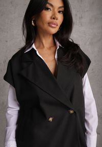 Renee - Czarna Dwurzędowa Kamizelka Oversize o Garniturowym Kroju Edoriela. Kolor: czarny. Materiał: poliester, koronka #6