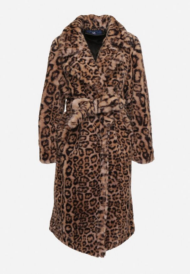 Born2be - Brązowy Płaszcz w Panterkę Futerko Ozdobiony Paskiem Delmarea. Okazja: na co dzień. Kolor: brązowy. Materiał: futro. Wzór: motyw zwierzęcy, aplikacja. Sezon: zima, jesień. Styl: klasyczny, casual, elegancki