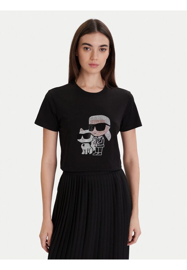 Karl Lagerfeld - KARL LAGERFELD T-Shirt A1W17131 Czarny Regular Fit. Typ kołnierza: dekolt w karo. Kolor: czarny. Materiał: bawełna