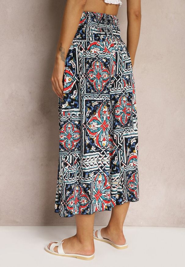 Renee - Granatowe Spodnie Kuloty z Bawełny High Waist z Gumką w Pasie Palovia. Okazja: na co dzień. Stan: podwyższony. Kolor: niebieski. Materiał: bawełna. Styl: casual