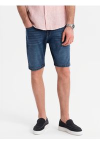 Ombre Clothing - Męskie denimowe szorty o klasycznym kroju – ciemnoniebieskie V3 OM-SRDS-0171 - XXL. Kolor: niebieski. Materiał: jeans, skóra, bawełna, elastan. Wzór: aplikacja. Sezon: lato. Styl: klasyczny #11