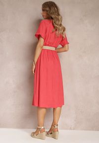 Renee - Czerwona Koszulowa Sukienka Midi z Bawełny z Gumką w Talii i Plecionym Paskiem Emera. Kolor: czerwony. Materiał: bawełna. Typ sukienki: koszulowe. Długość: midi #5