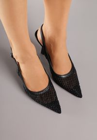 Renee - Czarne Siateczkowe Sandały na Szpilce Slingback z Cyrkoniami Nemenlaeno. Zapięcie: sprzączka. Kolor: czarny. Obcas: na szpilce #9