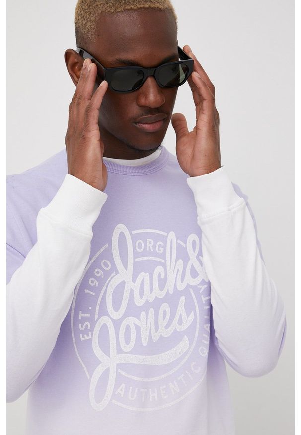 Jack & Jones bluza bawełniana męska kolor fioletowy z nadrukiem. Kolor: fioletowy. Materiał: bawełna. Wzór: nadruk