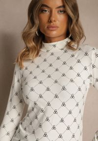 Renee - Biała Bluzka Longsleeve Półgolf z Bawełny Ozdobiona Geometrycznym Nadrukiem Zantila. Okazja: na co dzień. Kolor: biały. Materiał: bawełna. Długość rękawa: długi rękaw. Wzór: aplikacja, nadruk, geometria. Styl: casual, elegancki #4