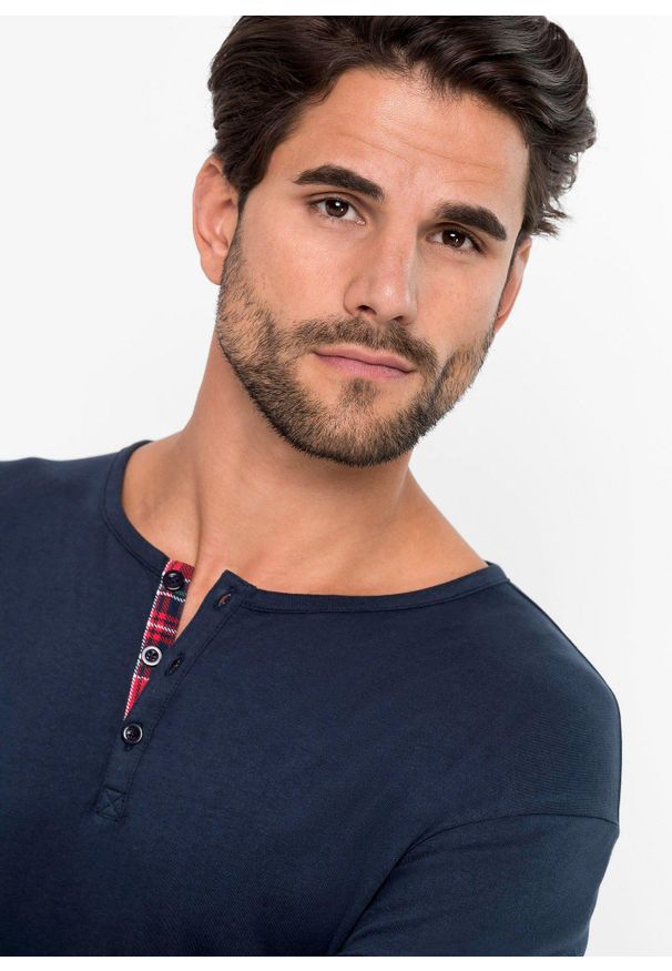 bonprix - Piżama z czystej bawełny z plisą guzikową i długimi rękawami. Kolor: niebieski. Materiał: bawełna. Długość: długie