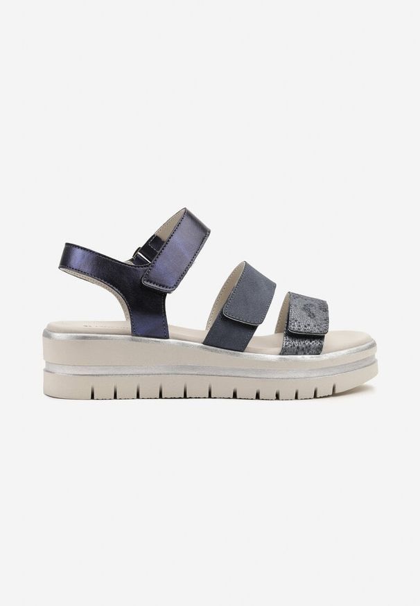 Born2be - Granatowe Sandały na Grubej Podeszwie z Metalicznymi Wstawkami Wenne. Okazja: na spotkanie biznesowe, na co dzień, do pracy. Kolor: niebieski. Styl: elegancki, casual, klasyczny, biznesowy