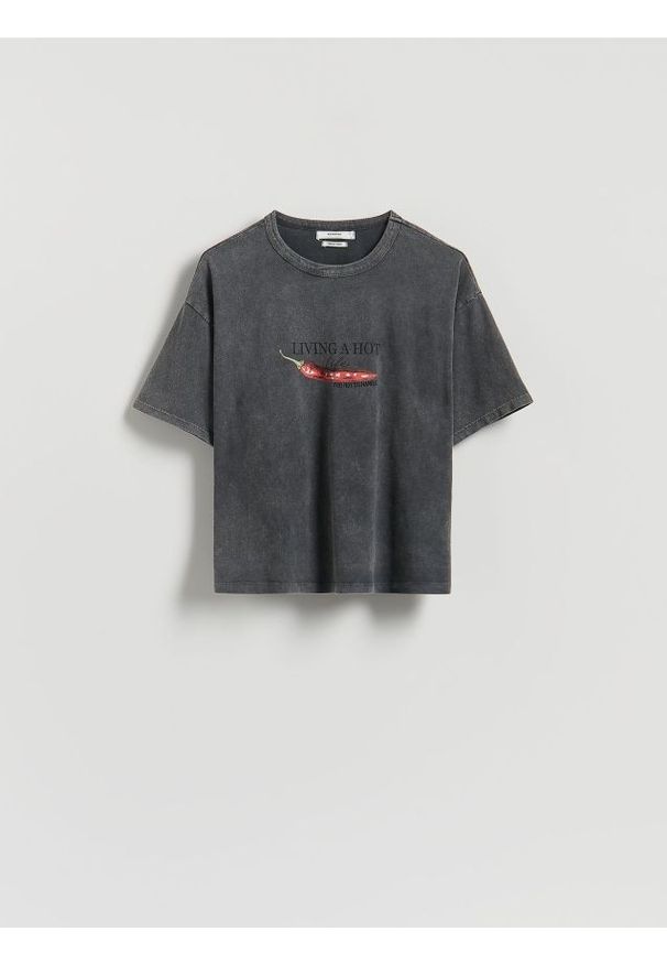 Reserved - T-shirt z nadrukiem - ciemnoszary. Kolor: szary. Materiał: bawełna. Wzór: nadruk