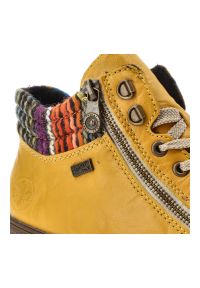 Żółte Botki Rieker Ocieplane Buty Damskie. Okazja: na co dzień. Zapięcie: sznurówki. Kolor: żółty. Materiał: dzianina. Wzór: kolorowy. Sezon: zima, jesień. Styl: casual, elegancki #9
