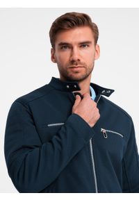 Ombre Clothing - Męska kurtka typu biker ze stójką i kieszeniami – granatowa V1 - Rozmiar: L. Okazja: na co dzień. Typ kołnierza: kołnierzyk stójkowy. Kolor: niebieski. Materiał: syntetyk, tkanina, poliester, materiał. Wzór: ze splotem. Styl: casual #4