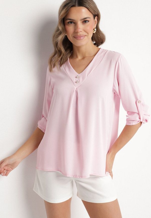 Born2be - Różowa Bluzka o Trapezowym Kroju z Dekoltem w Serek i Podpinanymi Rękawami Aslimi. Typ kołnierza: dekolt w serek. Kolor: różowy. Materiał: jeans, materiał. Styl: klasyczny, elegancki