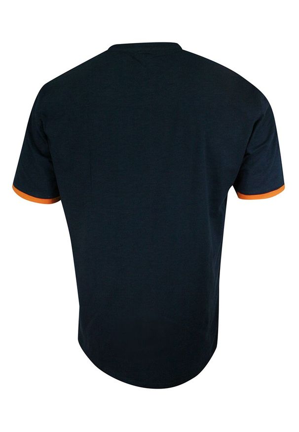 Pako Jeans - T-shirt Bawełniany, Granatowy z Pomarańczowym Nadrukiem, Męski, Krótki Rękaw, U-neck -PAKO JEANS. Okazja: na co dzień. Kolor: niebieski. Materiał: bawełna. Długość rękawa: krótki rękaw. Długość: krótkie. Wzór: nadruk. Styl: casual