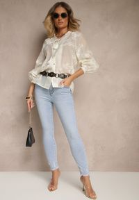 Renee - Jasnoniebieskie Jeansy o Fasonie Skinny Push Up Zdobione Przetarciami Salzeri. Okazja: na co dzień. Kolor: niebieski. Wzór: aplikacja. Styl: casual, elegancki