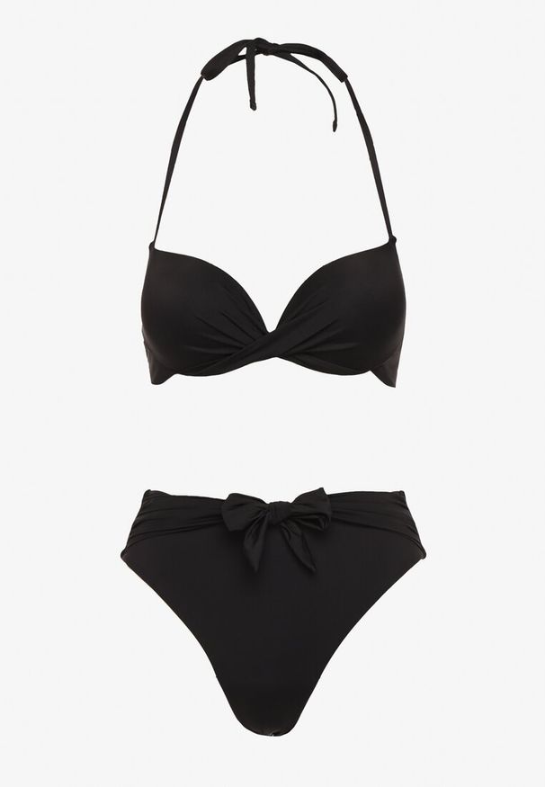 Renee - Czarne Bikini Majtki Figi i Biustonosz Ozdobione Wiązaniem Saniorie. Kolor: czarny. Wzór: aplikacja