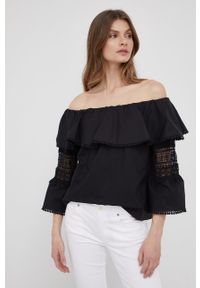 XT Studio bluzka bawełniana damska kolor czarny gładka. Typ kołnierza: dekolt hiszpanka. Kolor: czarny. Materiał: bawełna. Wzór: gładki #1