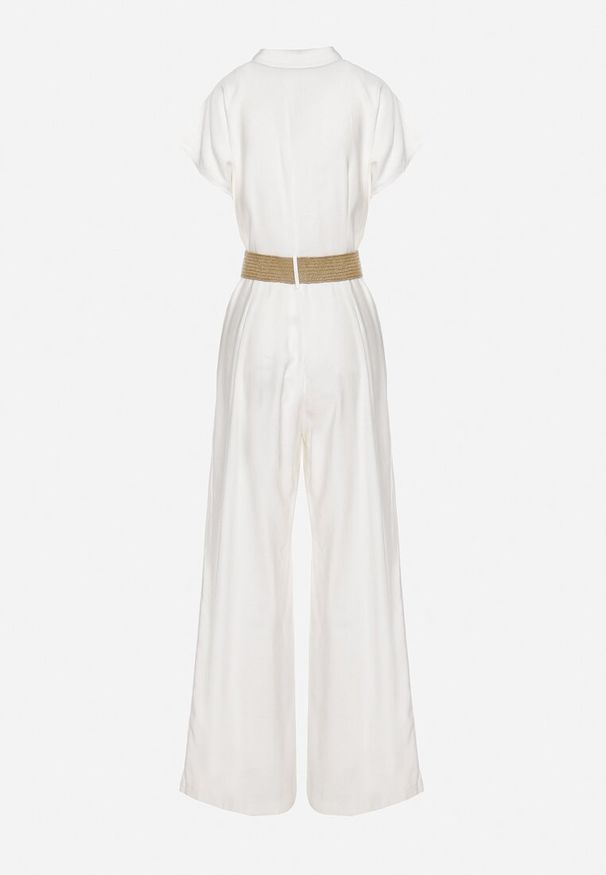 Born2be - Biały Kombinezon Utility z Paskiem Plecionym z Okrągłą Klamrą Vesalia. Okazja: na co dzień. Kolor: biały. Długość rękawa: krótki rękaw. Długość: krótkie. Wzór: aplikacja. Styl: casual, elegancki, klasyczny