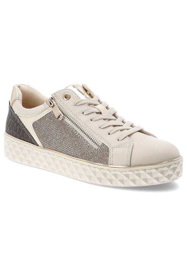 Beżowe Sneakersy Marco Tozzi Modne Obuwie Damskie. Okazja: na co dzień. Zapięcie: zamek. Kolor: beżowy. Materiał: materiał, syntetyk. Szerokość cholewki: normalna. Wzór: geometria