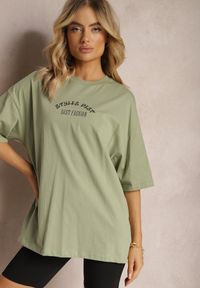 Renee - Jasnozielony Bawełniany T-shirt o Fasonie Oversize z Nadrukiem na Przodzie Lisitha. Kolor: zielony. Materiał: bawełna. Wzór: nadruk #5