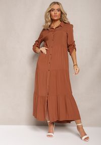 Renee - Ciemnobrązowa Koszulowa Sukienka Maxi z Bawełny Junira. Okazja: na co dzień. Kolor: brązowy. Materiał: bawełna. Typ sukienki: koszulowe. Styl: casual. Długość: maxi #3