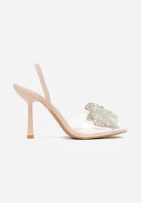 Born2be - Beżowe Sandały na Szpilce z Transparentnym Paskiem i Kokardką z Cyrkoniami Celesti. Okazja: na imprezę. Zapięcie: pasek. Kolor: beżowy. Obcas: na szpilce. Styl: klasyczny #6