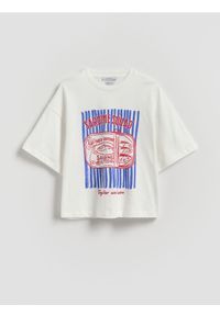 Reserved - Luźny t-shirt z nadrukiem - złamana biel. Materiał: bawełna. Wzór: nadruk