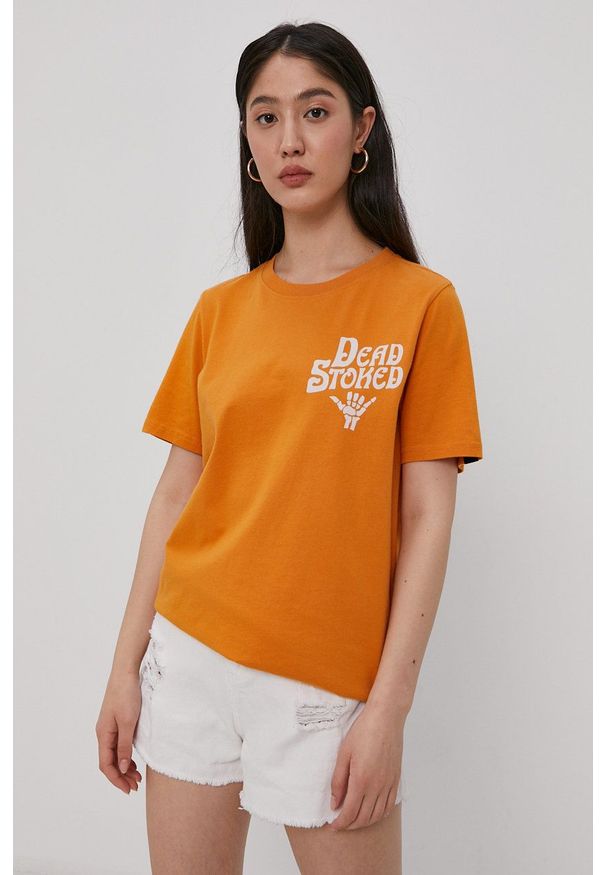 Superdry - T-shirt bawełniany. Okazja: na co dzień. Kolor: pomarańczowy. Materiał: bawełna. Wzór: nadruk. Styl: casual