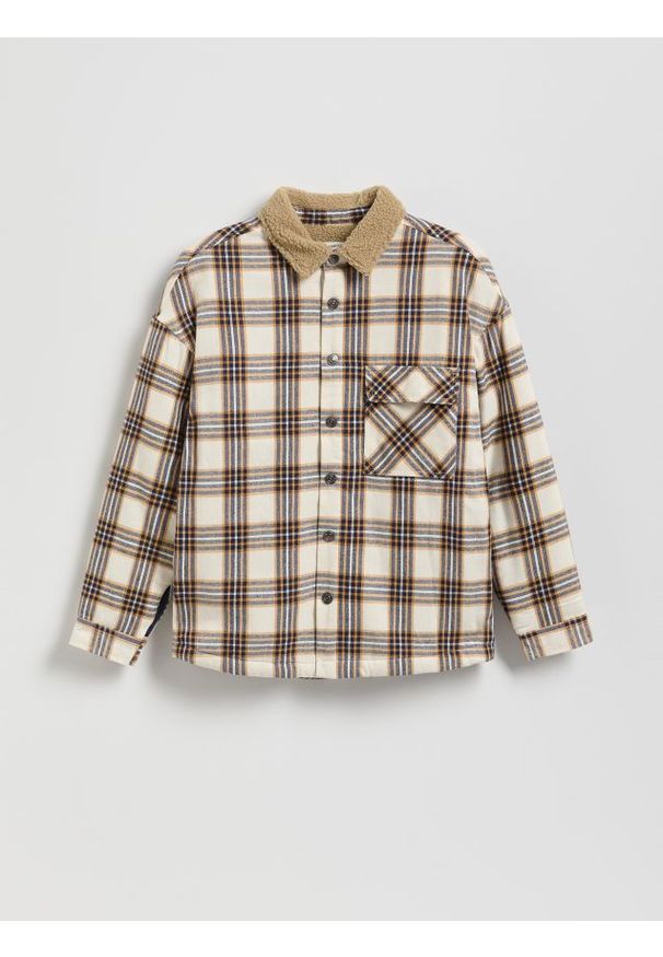 Reserved - Koszula oversize w kratę - beżowy. Kolor: beżowy. Materiał: tkanina, bawełna