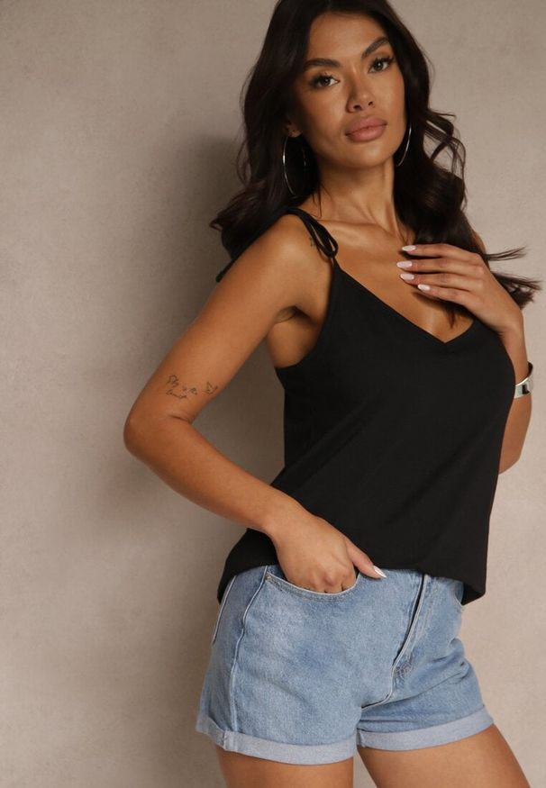 Renee - Czarny Top z Bawełną i Modalem z Wiązaniem przy Ramiączkach Lileria. Okazja: na co dzień. Kolor: czarny. Materiał: bawełna. Długość rękawa: na ramiączkach. Styl: wizytowy, casual