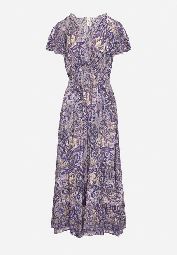 Born2be - Granatowa Rozkloszowana Kopertowa Sukienka z Bawełny o Wzorze Paisley z Gumką w Talii Zonne. Okazja: na co dzień. Typ kołnierza: dekolt w kształcie V, dekolt kopertowy. Kolor: niebieski. Materiał: bawełna. Długość rękawa: krótki rękaw. Wzór: paisley. Typ sukienki: kopertowe. Styl: elegancki, klasyczny, casual