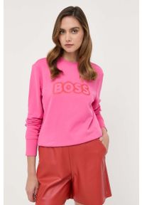 BOSS bluza bawełniana damska kolor różowy z nadrukiem. Kolor: różowy. Materiał: bawełna. Wzór: nadruk #3