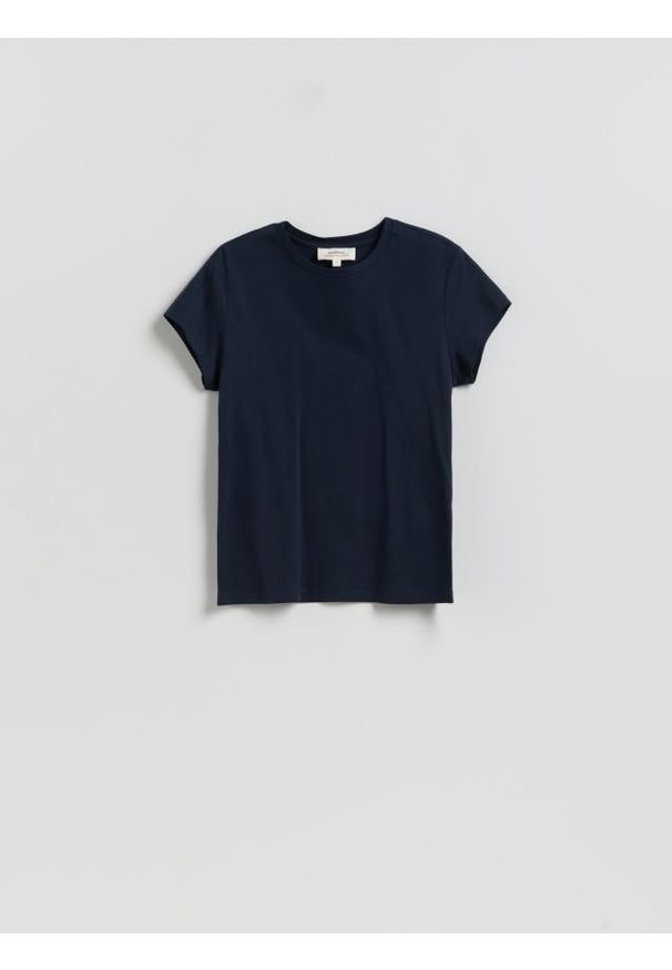 Reserved - T-shirt z domieszką jedwabiu - granatowy. Kolor: niebieski. Materiał: jedwab