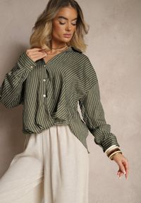 Renee - Ciemnozielona Koszula z Dodatkiem Bawełny Ozdobiona Paskami Meridria. Kolor: zielony. Materiał: bawełna. Wzór: aplikacja