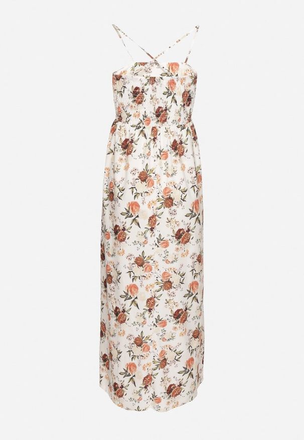 Born2be - Beżowa Sukienka z Wiskozą o Rozkloszowanym Kroju w Kwiaty Nalorene. Okazja: na co dzień. Typ kołnierza: dekolt kwadratowy. Kolor: beżowy. Materiał: wiskoza. Długość rękawa: na ramiączkach. Wzór: kwiaty. Typ sukienki: rozkloszowane. Styl: casual, elegancki