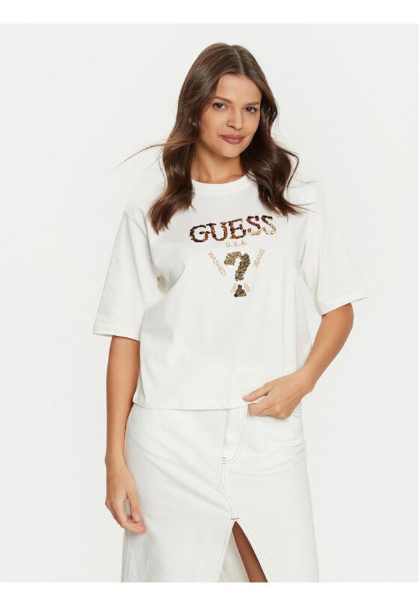 Guess T-Shirt V4YI06 I3Z14 Écru Boxy Fit. Materiał: bawełna