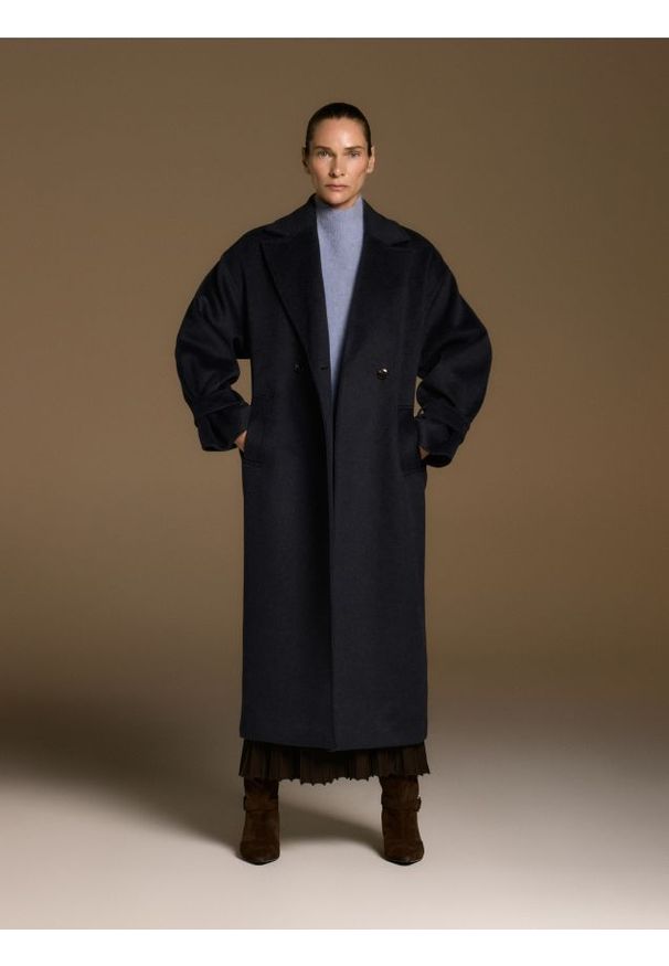 Reserved - Płaszcz z wełną - granatowy. Kolor: niebieski. Materiał: wełna